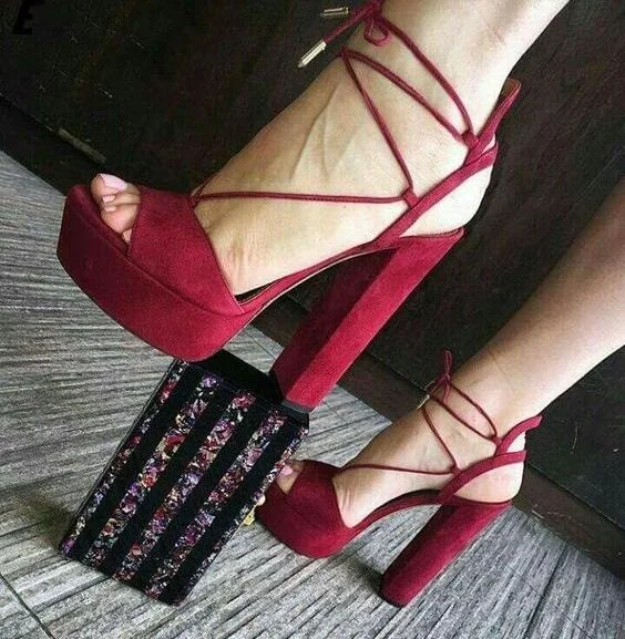 

Burgundy Suede Chunky Heels Peep Toe Cross Lace Up Sandals Fashion Cut Out Platform Block Heeled High Heel Sexy Party Sandals