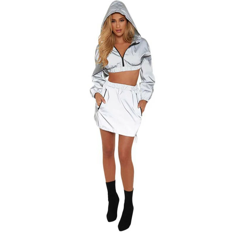 New Fashion Women Bodycon Reflective Clothes Sets Zip Hooded Crop Top Skirt Sets Clubwear Sexy Street Wear
New Fashion Women Bodycon Reflective Clothes Sets Zip Hooded Crop Top Skirt Sets Clubwear Sexy Street Wear