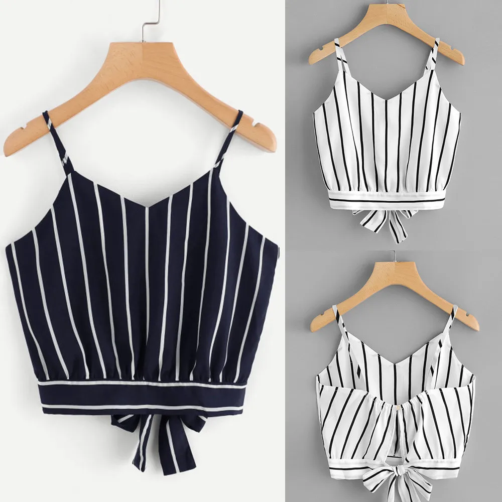 S/M/L/XL Striped shorts Camisole Women's ladies Self Tie Back V Neck Crop Cami Top Blouse A2# | Женская одежда