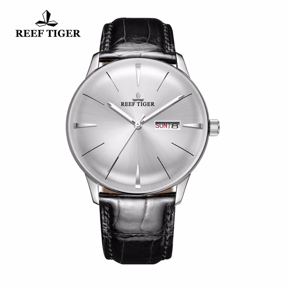 

Reef Tiger/RT Classic Casual Watches with Date Day Steel Automatic Watches Convex Lens Genuine Leather Strap RGA8238