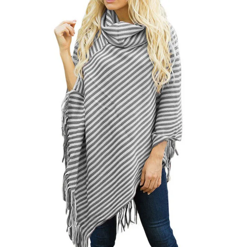 

Women's High Collar Batwing Tassels Pullovers Poncho Top with Stripe Patterns and Fringed Sides Cape Winter Knit Sweater Cloak