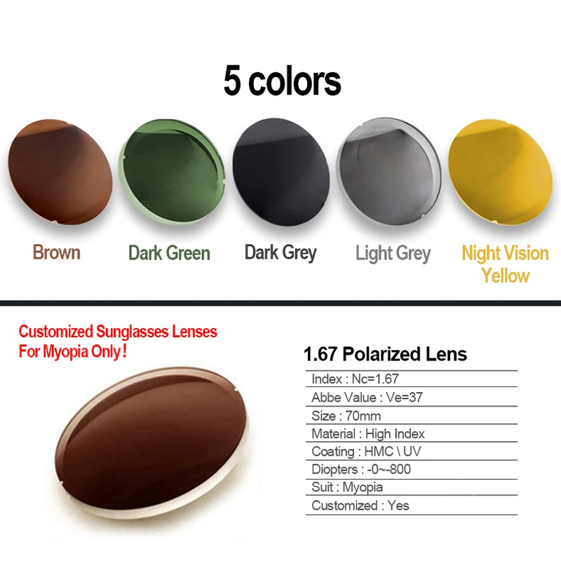 HERVI 1.67 High Index Ultra-Thin Polarized Sunglasses Lens 5 Colors Optional Single Vision Prescription Sunglasses Lenses
HERVI 1.67 High Index Ultra-Thin Polarized Sunglasses Lens 5 Colors Optional Single Vision Prescription Sunglasses Lenses