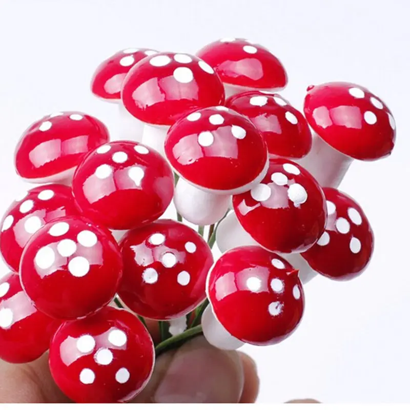 

50pcs Mini Red Mushroom Garden Ornament Miniature Plant Pots Fairy DIY Dollhouse Landscape Bonsai Plant Gardening Decor Stakes
