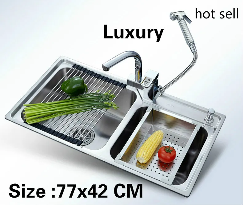 

Free shipping Apartment vogue kitchen double groove sink do the dishes food grade 304 stainless steel hot sell 770x420 MM