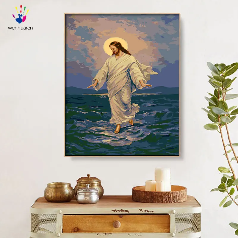 Фото DIY картины по номерам живописи с комплектами Иисус и Дева Мария Христианство декоративное висячее.