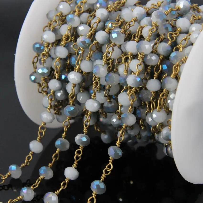 

5 метров титановые синие граненые белые стеклянные бусины Рондель цепи, латунная проволочная обернутая цепь для женщин браслет ожерелье