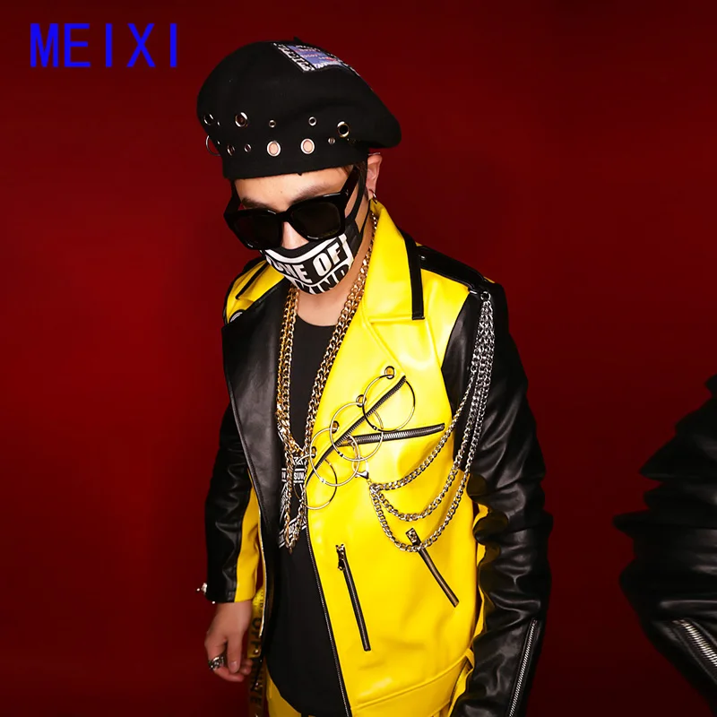 Unique yellow trend motorcycle imitation leather jacket nightclub rock DJ male singer performance dress bar suit
Unique yellow trend motorcycle imitation leather jacket nightclub rock DJ male singer performance dress bar suit