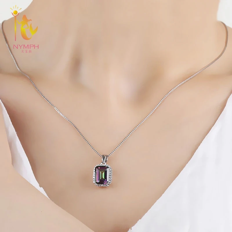 NYMPH Genuine Rainbow Topaz Natural Crystal Necklace Pendant 925 Sterling Silver Vintage Jewelry Party Gift For Women T237D | Украшения и