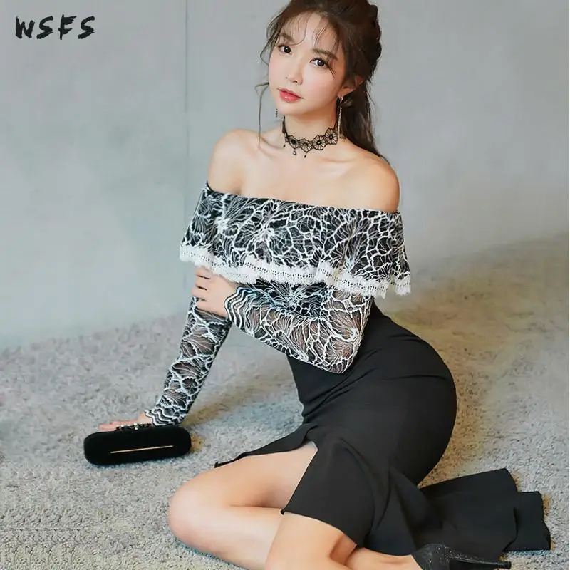 Spring 2 Pieces Set Black Slash Neck Lace Tops Off Shoulder Mermaid Asymmetrical Long Midi Skirts Ladies Womens Vintage Dresses
Spring 2 Pieces Set Black Slash Neck Lace Tops Off Shoulder Mermaid Asymmetrical Long Midi Skirts Ladies Womens Vintage Dresses