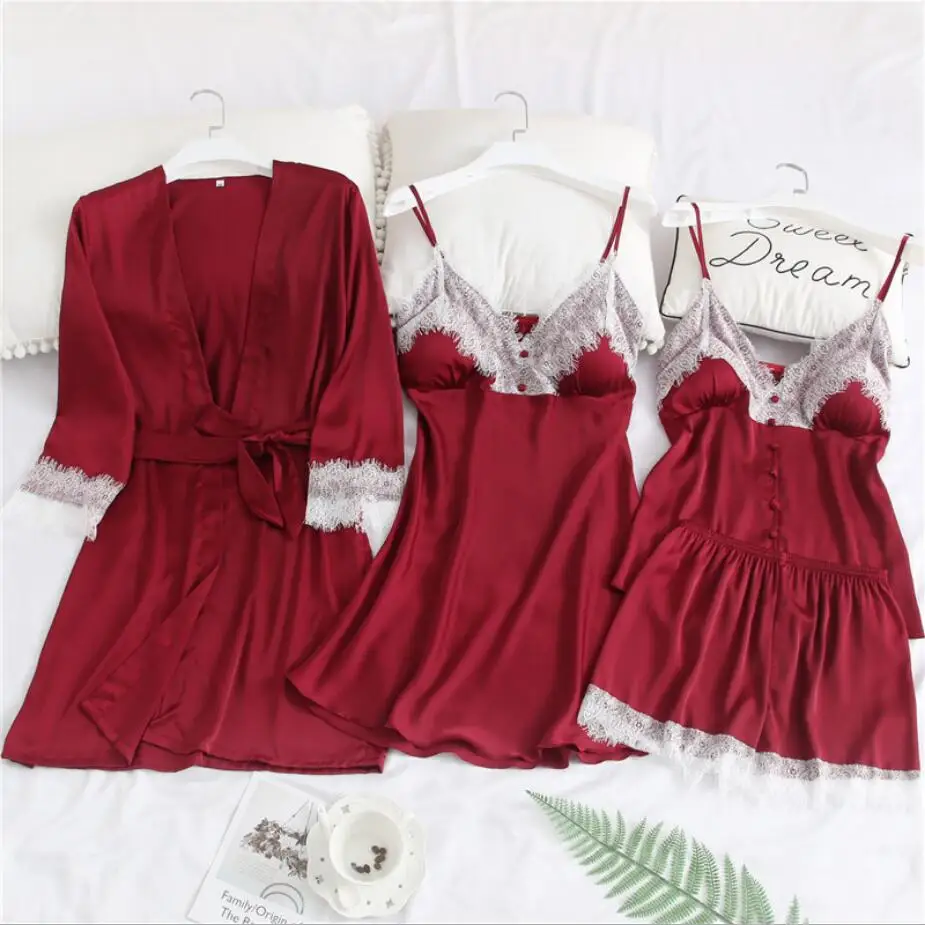4pcs Pajamas for Women Lace Sexy Lingerie Fashion Silk Pajama Sets Women 2019 Summer Pijama Mujer Pyjama with Chest Pad 928
4pcs Pajamas for Women Lace Sexy Lingerie Fashion Silk Pajama Sets Women 2019 Summer Pijama Mujer Pyjama with Chest Pad 928