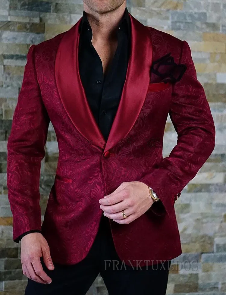 Мужской Жаккардовый костюм на одной пуговице винно-красный с брюками смокинг