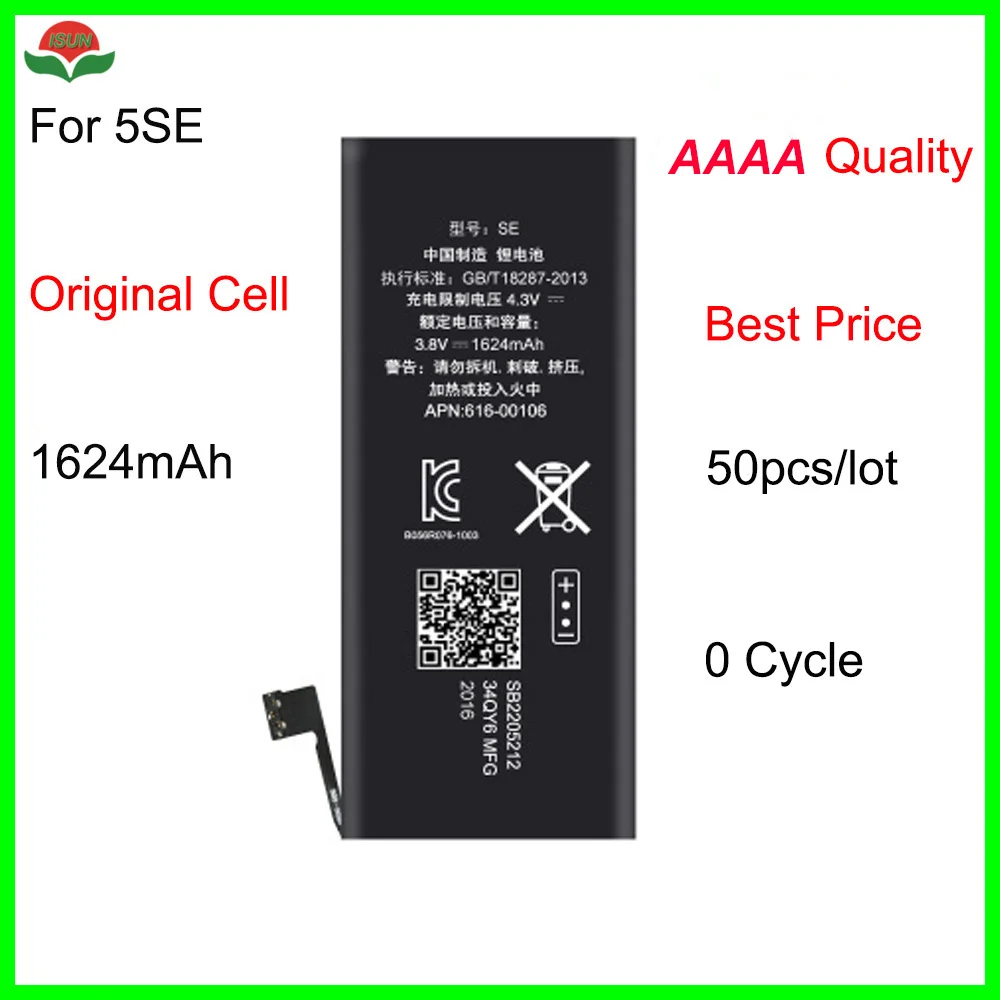 ISUN 50 шт./лот AAAA Сменный аккумулятор для Apple iPhone SE 5se, аккумулятор для ремонта 1624 мАч
ISUN 50 шт./лот AAAA Сменный аккумулятор для Apple iPhone SE 5se, аккумулятор для ремонта 1624 мАч