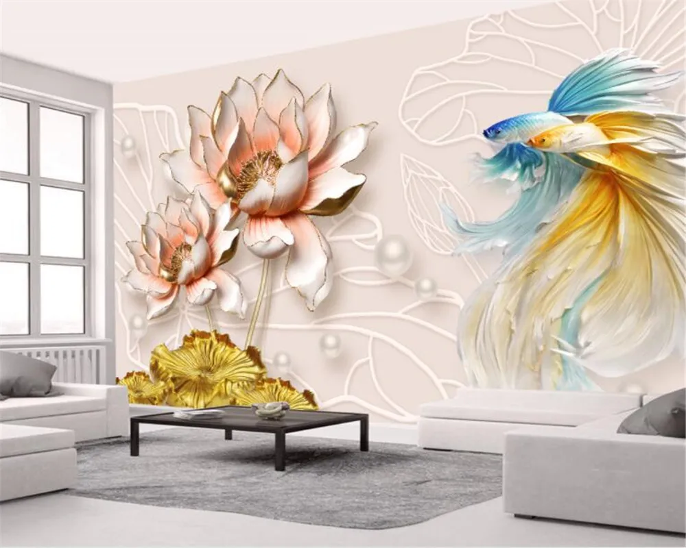 

Beibehang Custom mural embossed lotus jewelry goldfish background wall photo wallpaper papel de parede floral 3d wallpaper
