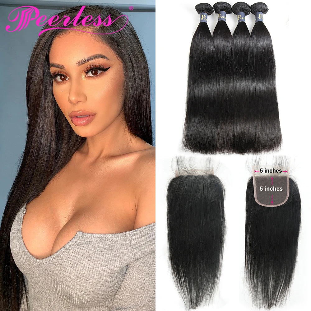 PEERLESS волосы перуанские прямые 3/4 пучки с 5x5 Закрытие 100% Remy человеческие закрытием
