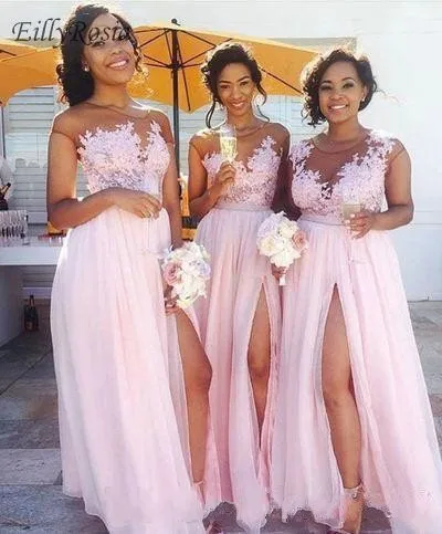 

Розовое Шифоновое Платье для подружки невесты, для свадебной вечеринки, для женщин, с кружевной аппликацией, с раздельным боковым вырезом, э...