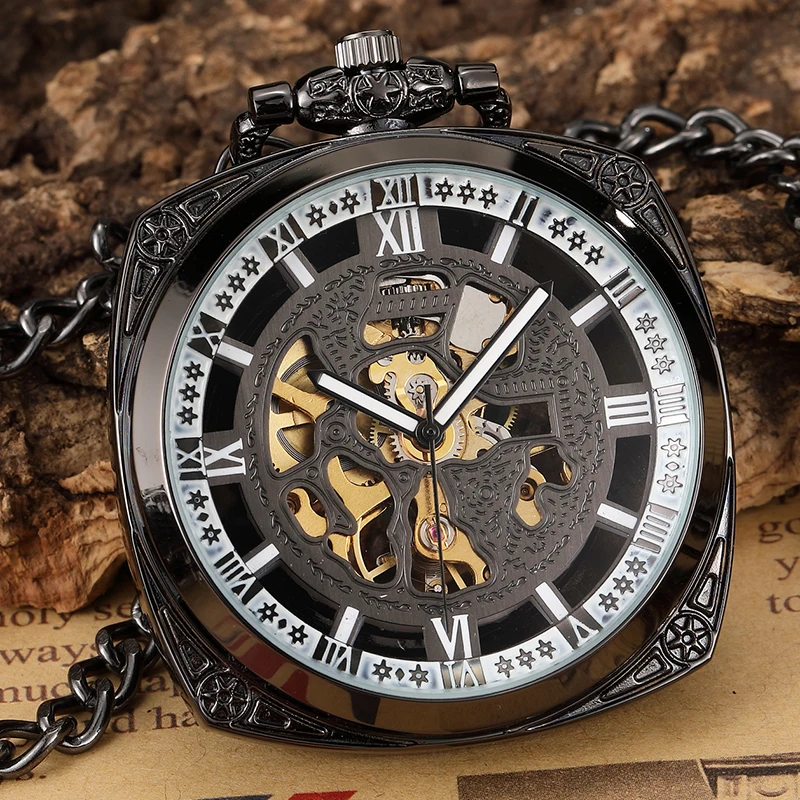 Vintage Black Steampunk Carved Mechanical Pocket Watch Men FOB Waist Chain Retro Hollow Skeleton Squar Roman Dial Male Clock Gif
Vintage Black Steampunk Carved Mechanical Pocket Watch Men FOB Waist Chain Retro Hollow Skeleton Squar Roman Dial Male Clock Gif