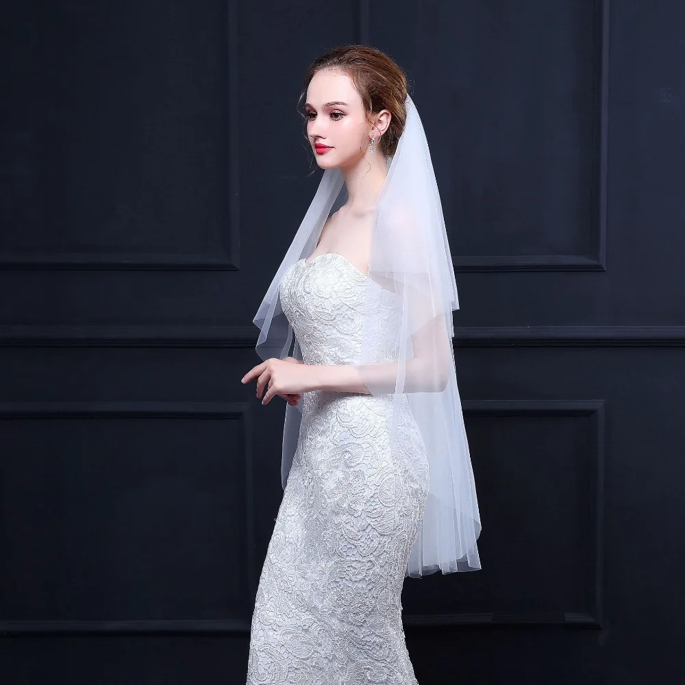 JaneVini Simple Cheap Ivory/White Wedding Veils Two Layers with Comb Elbow Length Veil Short Tulle Bridal Accessories | Свадьбы и