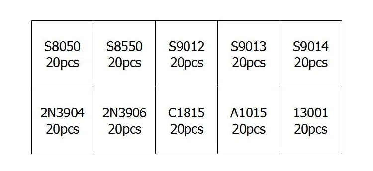 10 Values 200pcs (S8050~13001) S8550 S9012 S9013 S9014 2N3904 2N3906 C1815 A1015 Transistor Assortment Set
10 Values 200pcs (S8050~13001) S8550 S9012 S9013 S9014 2N3904 2N3906 C1815 A1015 Transistor Assortment Set