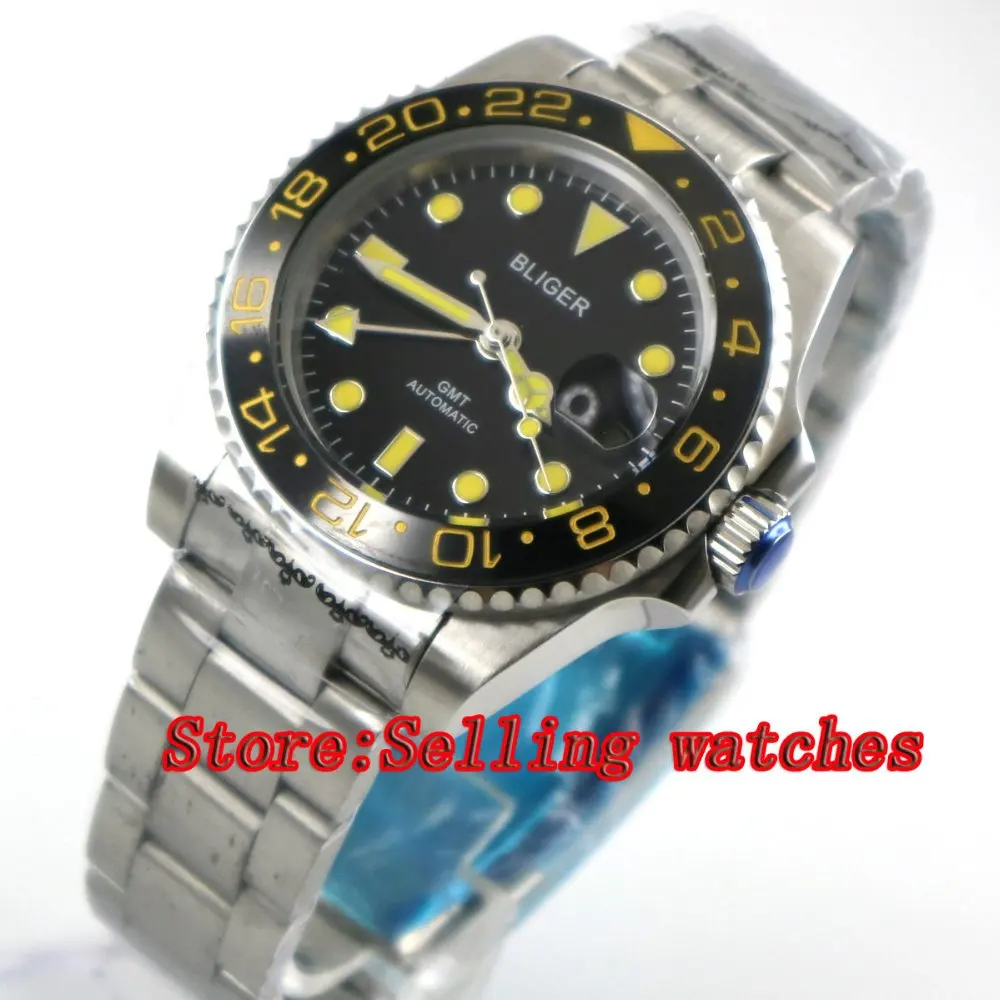 40mm Bliger black Dial ceramic bezel GMT Luminous Hands Sapphire Glass Automatic Movement Men's Mechanical watches
40mm Bliger black Dial ceramic bezel GMT Luminous Hands Sapphire Glass Automatic Movement Men's Mechanical watches