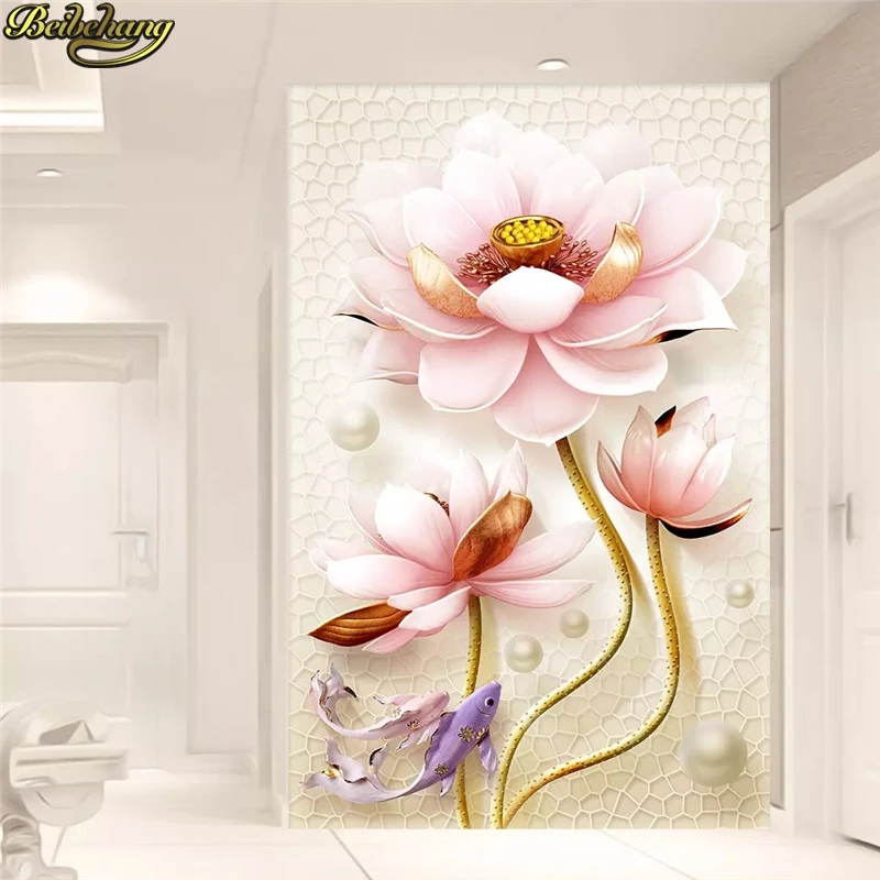 

beibehang Custom 3D Wallpaper Mural New Chinese 3D Lotus Emboss Elegant Simple Stereo Entrance Decoration wall papers home decor