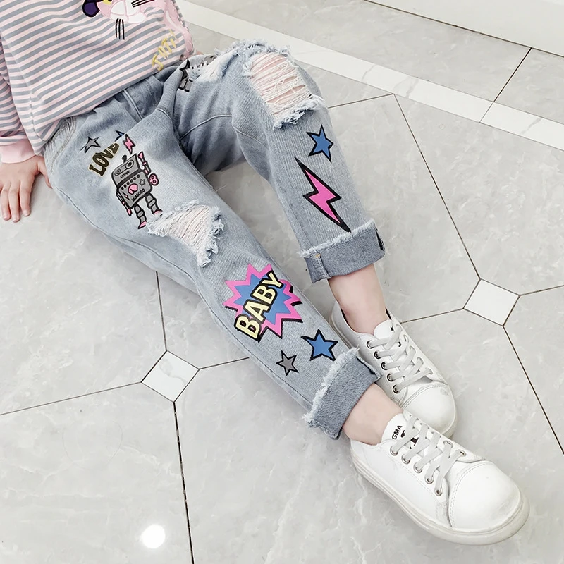 Girls Jeans Children's Denim Pants Cartoon Pencil Pants Fashion Hole Trousers Ripped Jeans Teen Girls Clothes Cotton Pants 2019
Girls Jeans Children's Denim Pants Cartoon Pencil Pants Fashion Hole Trousers Ripped Jeans Teen Girls Clothes Cotton Pants 2019