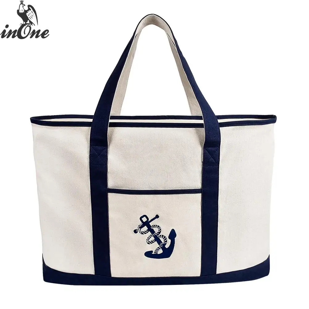 INONE 22" Canvas Anchor Shopping Bags for Women 2019 Large Capacity Heavy Duty Deluxe Tote Grocery Beach Bag with Outer Pocket | Багаж и