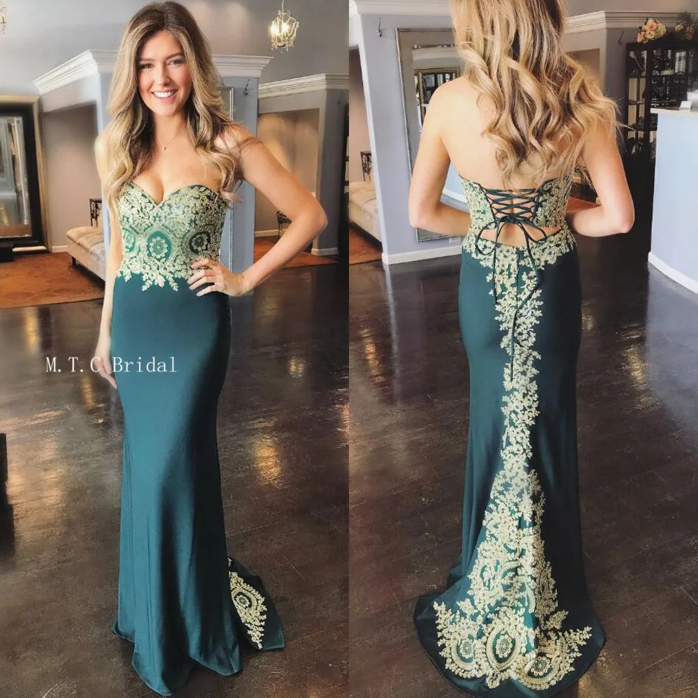 Dark Green Mermaid Long Evening Dress With Gold Lace 2019 Strapless Floor Length Elastic Satin High Quality Prom Gowns Cheap
Dark Green Mermaid Long Evening Dress With Gold Lace 2019 Strapless Floor Length Elastic Satin High Quality Prom Gowns Cheap