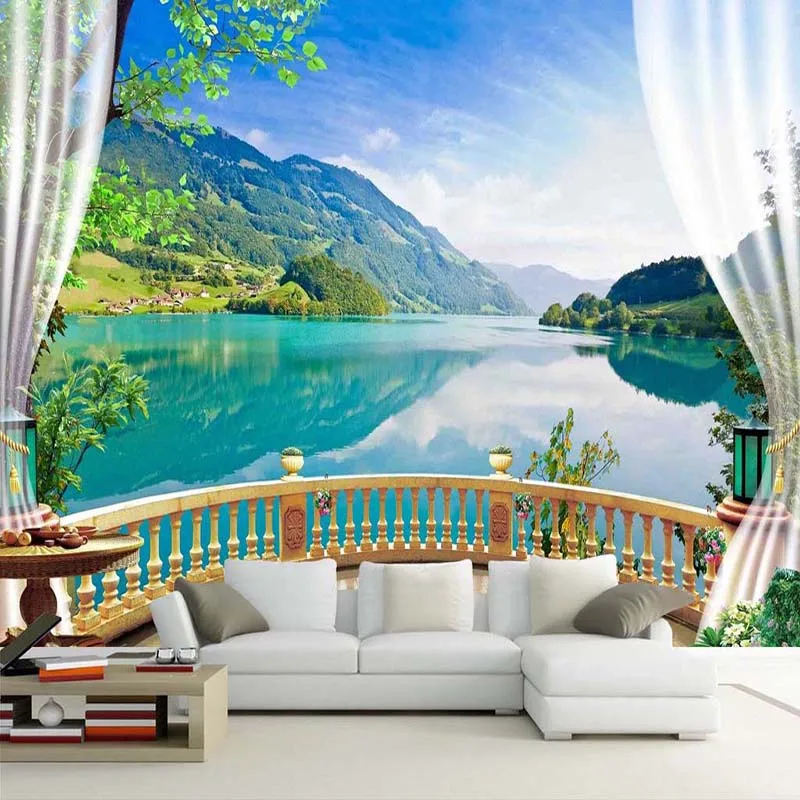 

Custom 3D Photo Wallpaper Balcony Window Blue Sky White Clouds Lake Forest Scenery Living Room TV Backdrop Mural Wall Paper