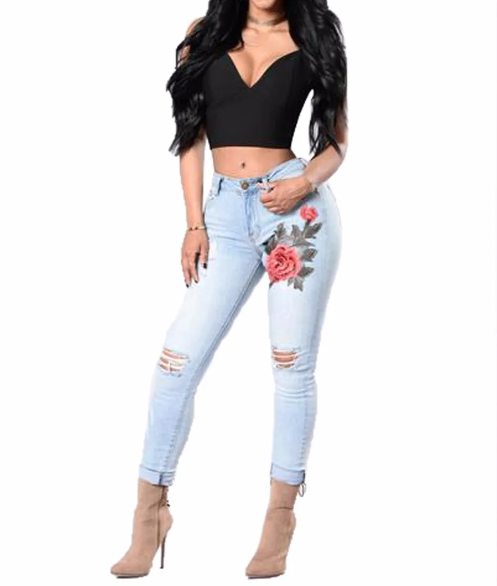 Women Rose Embroidered Distressed Wash Stretchy Skinny Red Blue Denim Brand Jeans
Women Rose Embroidered Distressed Wash Stretchy Skinny Red Blue Denim Brand Jeans