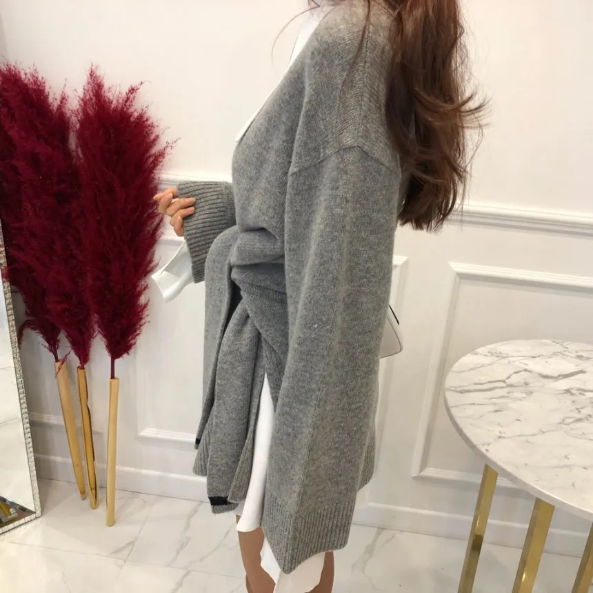 HAMALIEL Fashion Korean Two False Pieces Loose Pullovers Autumn Winter Women Solid Color Gray Bow Thick Knitted Long Sweater | Женская