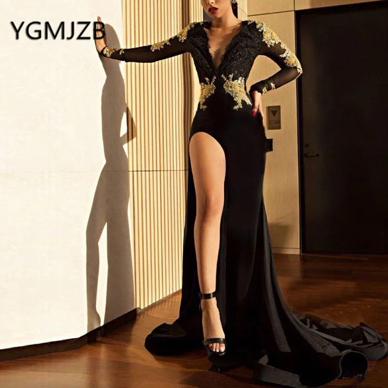 Black Mermaid Prom Dresses 2019 Full Sleeve V Neck High Side Slit Gold Embroidery Evening Gown Women Formal Prom Party Dress
Black Mermaid Prom Dresses 2019 Full Sleeve V Neck High Side Slit Gold Embroidery Evening Gown Women Formal Prom Party Dress