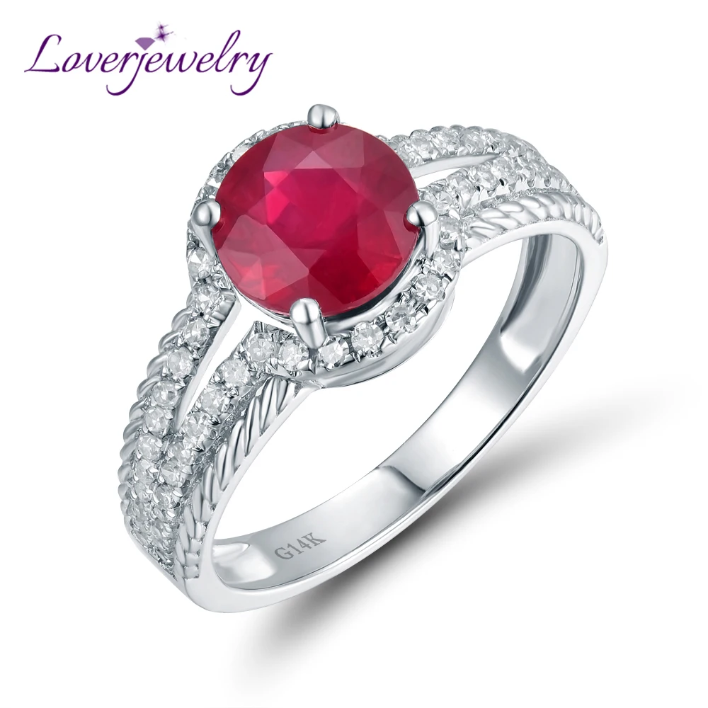 

LOVERJEWELRY Red Gemstones Elegant Diamonds Rings Real 14KT White Gold Natural Round Ruby Ring Fingers For Women Engagement