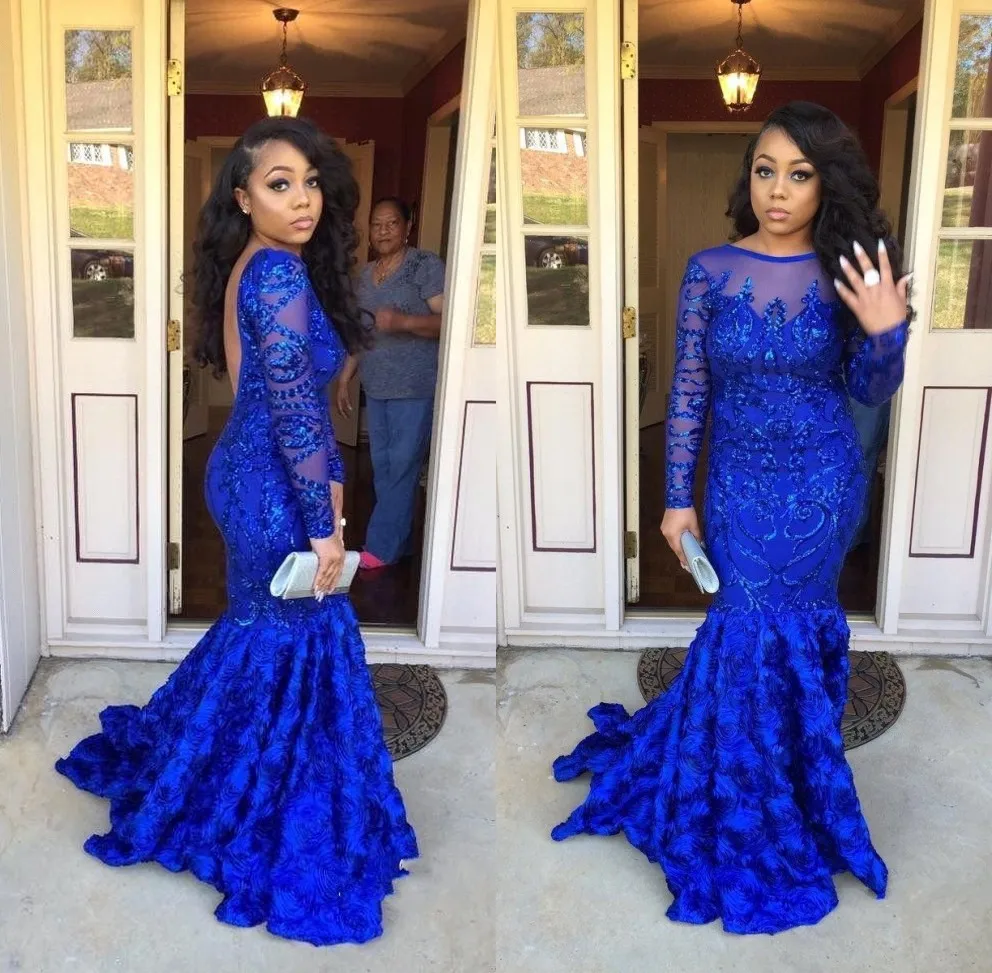 Sexy African Sheer Top Mermaid Royal Blue Prom Dresses Long Sleeves Backless Prom Party Gown Ruffled Train Evening Gown
Sexy African Sheer Top Mermaid Royal Blue Prom Dresses Long Sleeves Backless Prom Party Gown Ruffled Train Evening Gown