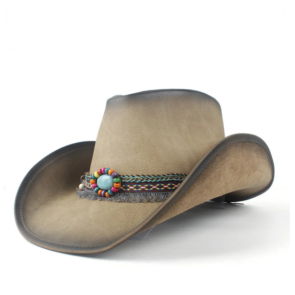 Women's Men's Winter Leather Cowboy Western Cowgirl Fedora Hat Tassel Turquoise Bead Band | Аксессуары для одежды