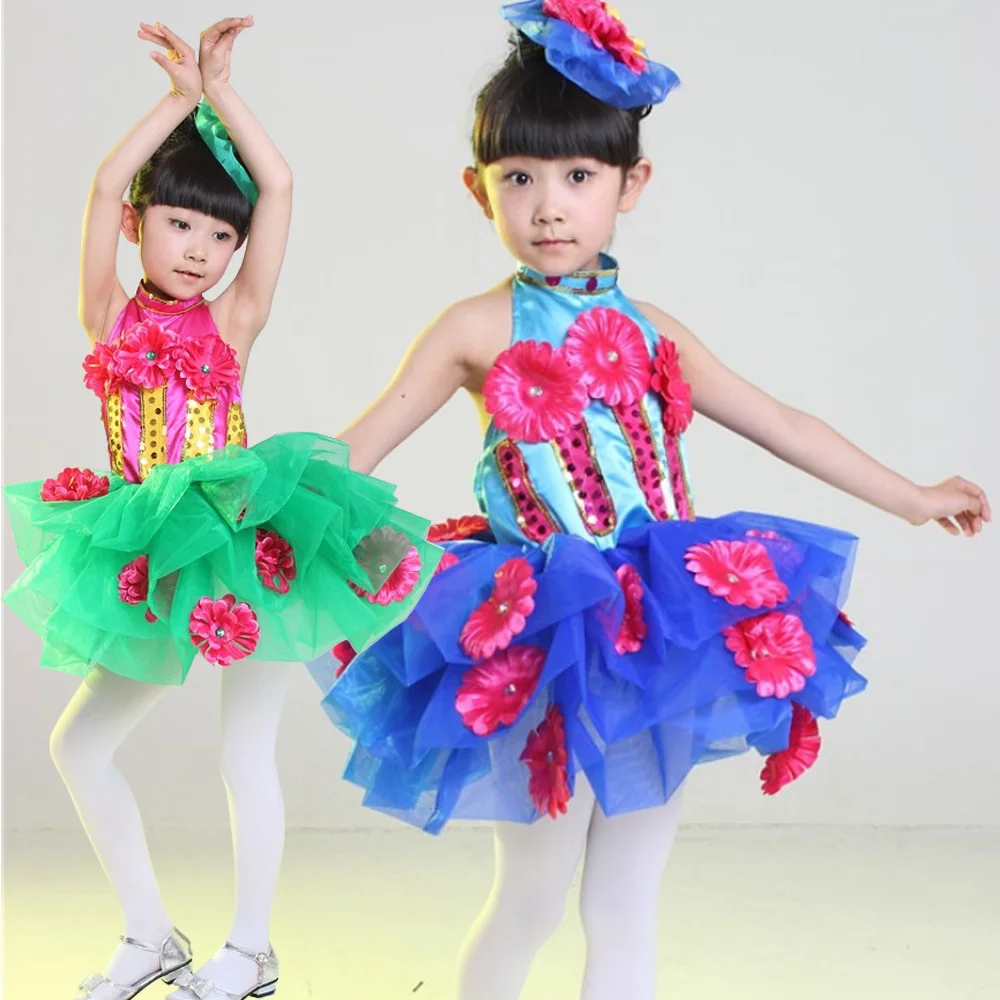 Green Sequined Girls Jazz Ballet Dance dress Blue Kids Ballroom Dancewear Party Costume TUTU | Тематическая одежда и