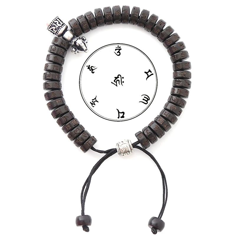 Natural Black Wood Bracelet Femme Tibetan Buddhism Amulet Om Mani Padme Hum Charm for Man Women Lucky Handmade | Украшения и