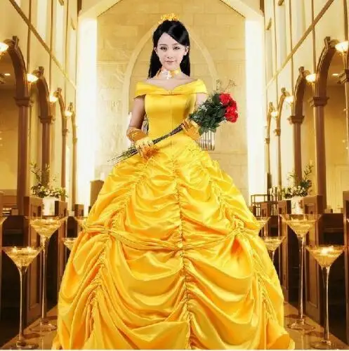 

free PP 2017 New movie Beauty and the Beast Movie Princess Belle Emma Watson cosplay costume yellow dress adults Custom made