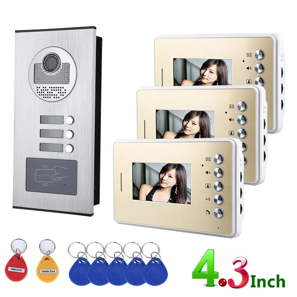 Video Intercom Systems 3 apartments 4.3inch Video Door Phone System RFID IR-CUT HD 1000TVL Doorbell Camera
Video Intercom Systems 3 apartments 4.3inch Video Door Phone System RFID IR-CUT HD 1000TVL Doorbell Camera