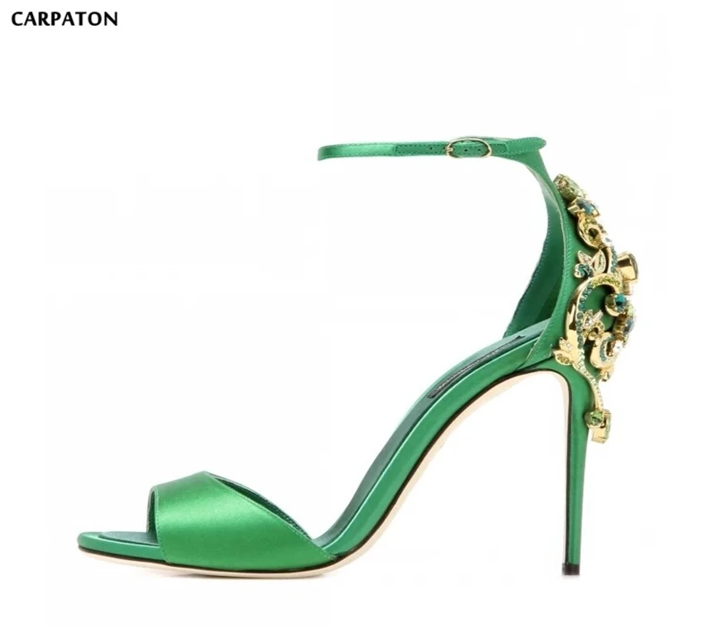 

Сандалии Carpaton женские на высоком каблуке, Босоножки с открытым носком, украшенные кристаллами, на тонком каблуке, с вырезами, зеленые черные...