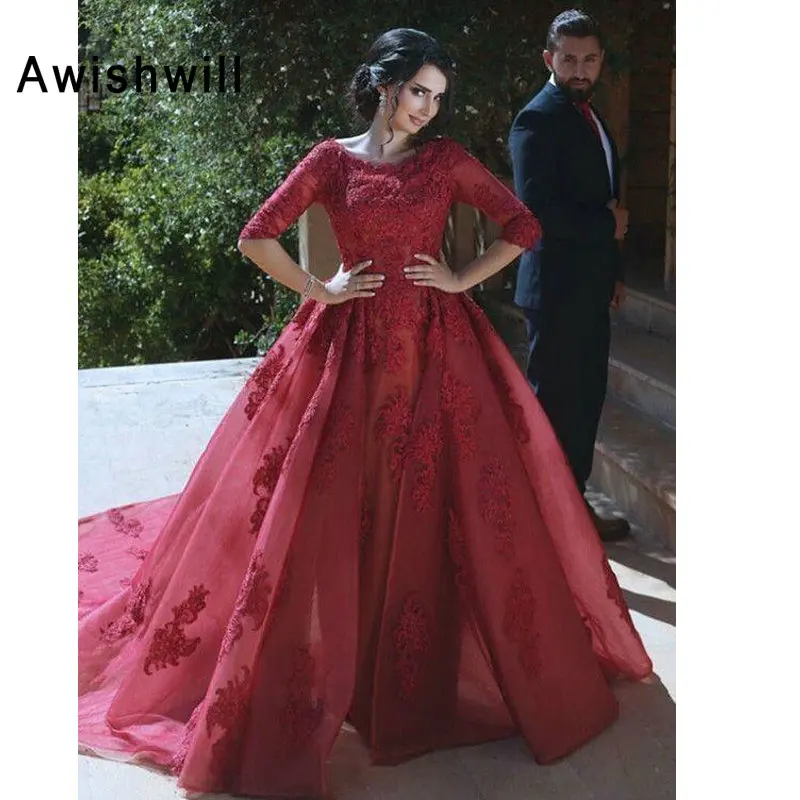 Burgundy Long Evening Dress Half Sleeves Lace Appliques Tull Elegant Arabic Prom Dress With Train Women Vestido de Festa
Burgundy Long Evening Dress Half Sleeves Lace Appliques Tull Elegant Arabic Prom Dress With Train Women Vestido de Festa