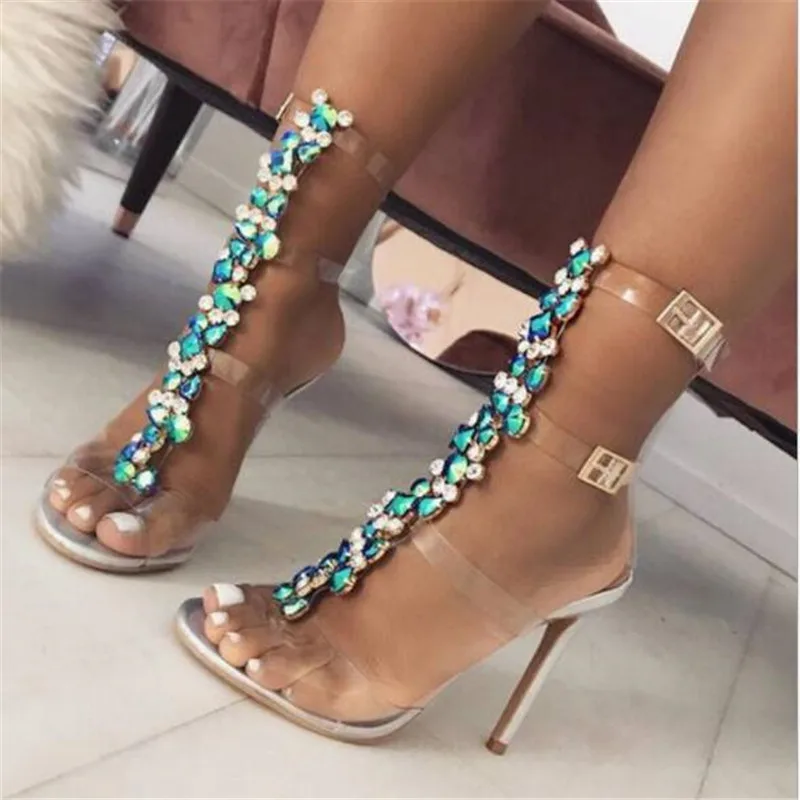 

New Summer sandals women Buckle Strap Luxurious Blue Crystal Chain Transparent PVC High Heel 11cm OpenToe Sexy Sandals Shoes