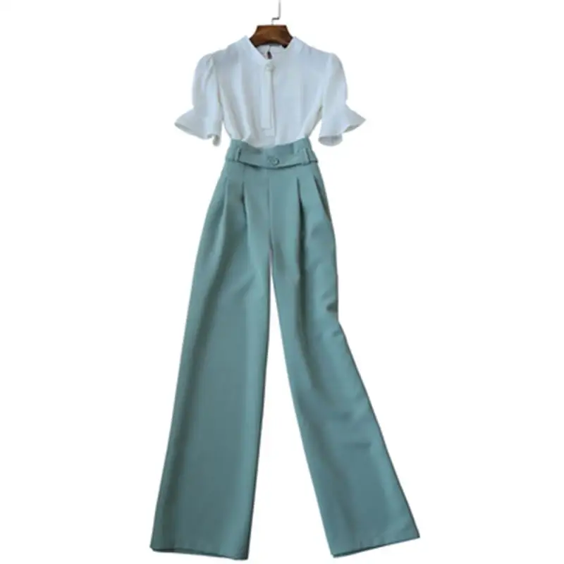 Pants suit Summer New Korean fashion casual suit half sleeve chiffon shirt top + high waist wide leg pants Two-piece suit women
Pants suit Summer New Korean fashion casual suit half sleeve chiffon shirt top + high waist wide leg pants Two-piece suit women