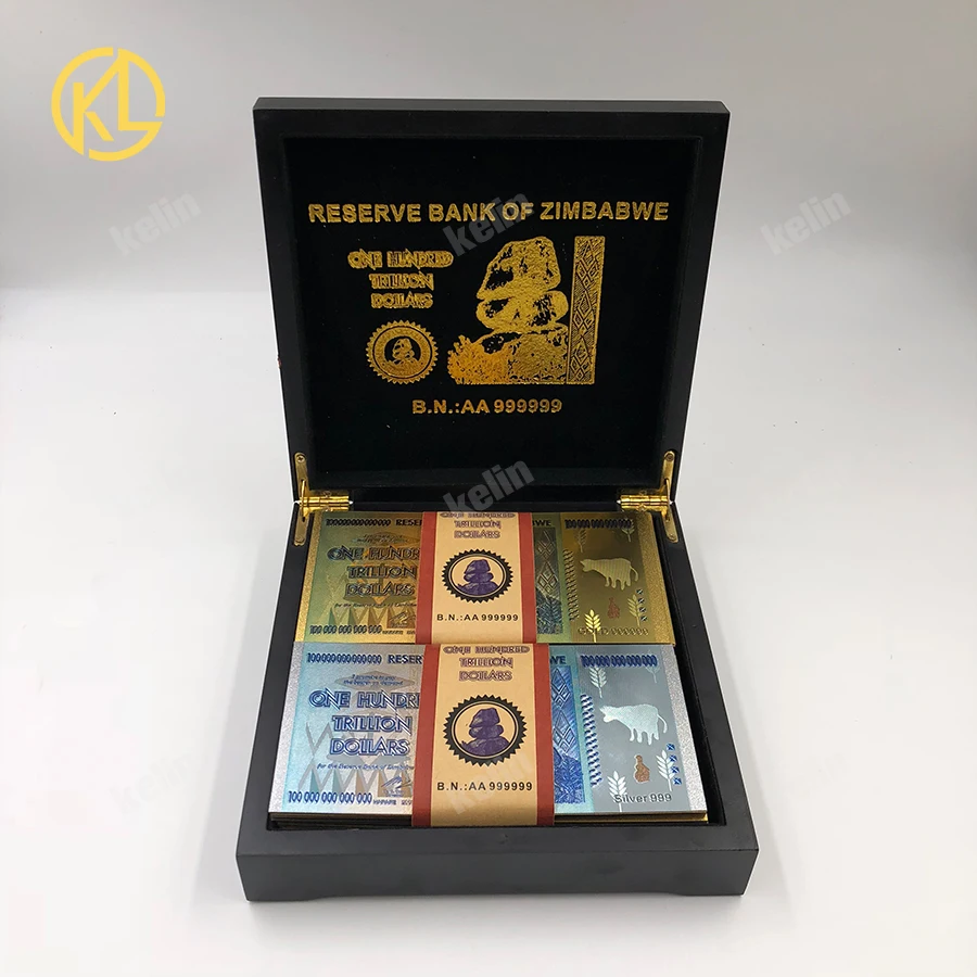 100pcs/lot mixed 999 Gold Foil 100 Trillion Dollars Zimbabwe Banknote in nice black wooden box for collection
100pcs/lot mixed 999 Gold Foil 100 Trillion Dollars Zimbabwe Banknote in nice black wooden box for collection