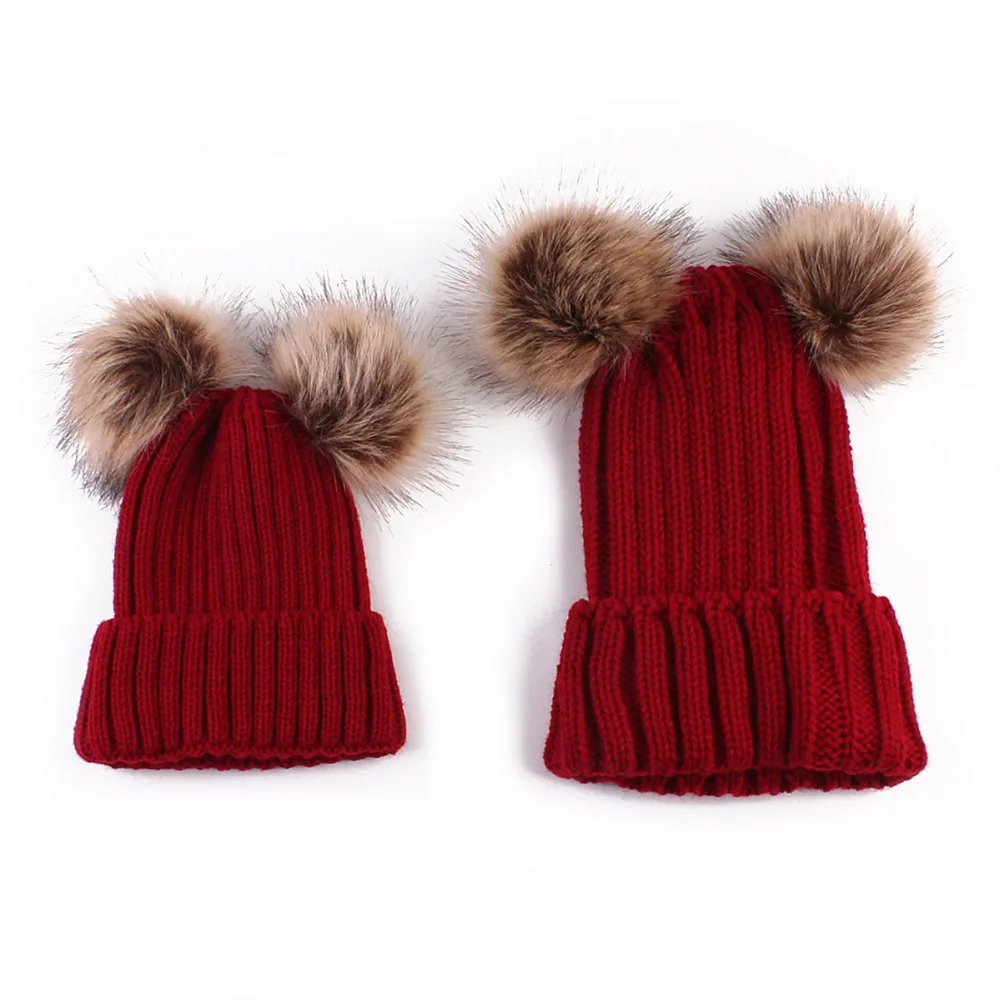 Black/Pink/Wine Red/Khaki/Beige/Grey Fashion Family Match Knit Hat Mother children Women Kid Winter Warm Crochet Cap 2pcs/set | Красота и