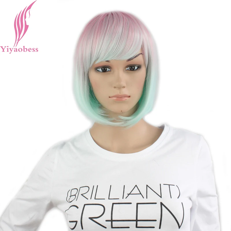 

Yiyaobess Straight Light Pink Green Ombre Short Bob Wig With Bangs Synthetic Hair Cosplay Costume Women Wigs For Party 25cm