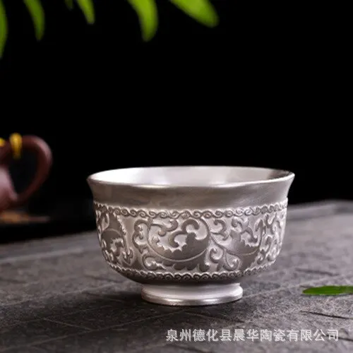 

999 pure silver cup kung fu cup handmade silver cup ceramic inlaid silver tea bowl, upscale tea set, home decoration
