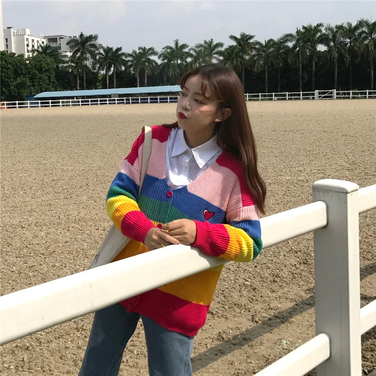 Runway Women's Sweater Kawaii Ulzzang Rainbow Striped Cardigan Embroidery Letters Knitted Female Harajuku Sweaters For Women |