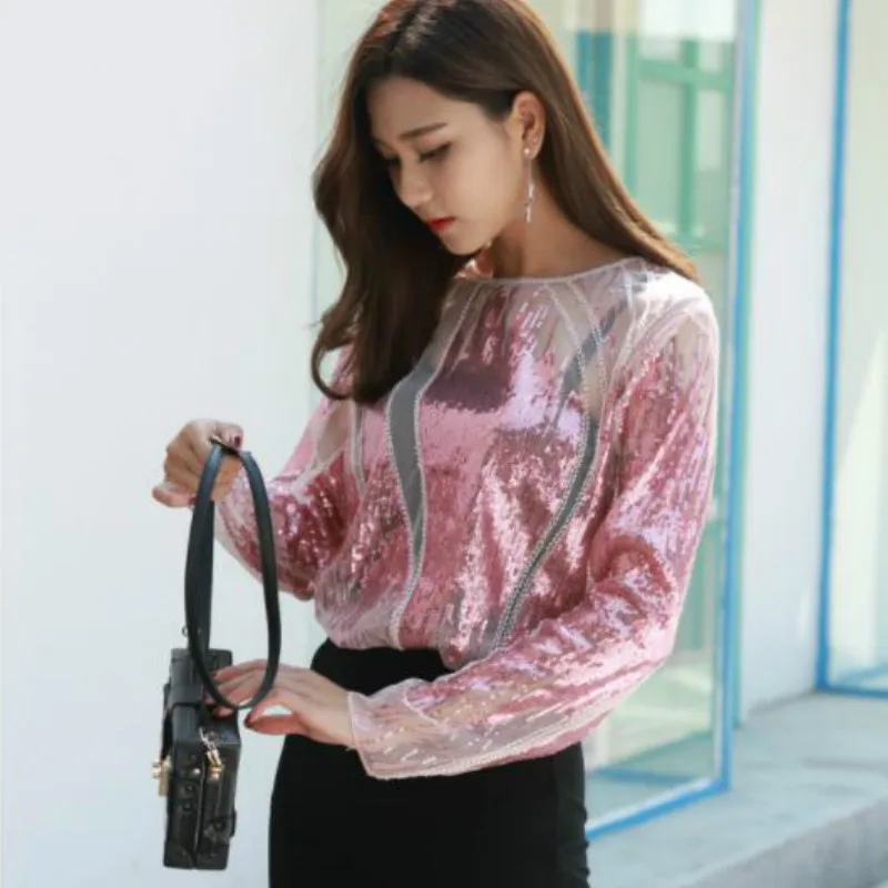 

Sexy Handmade Beaded Shirts O-Neck Perspective Pullover Sequined Long-sleeved Gauze Spliced Hollow Mesh Dance Long Sleeved Tops