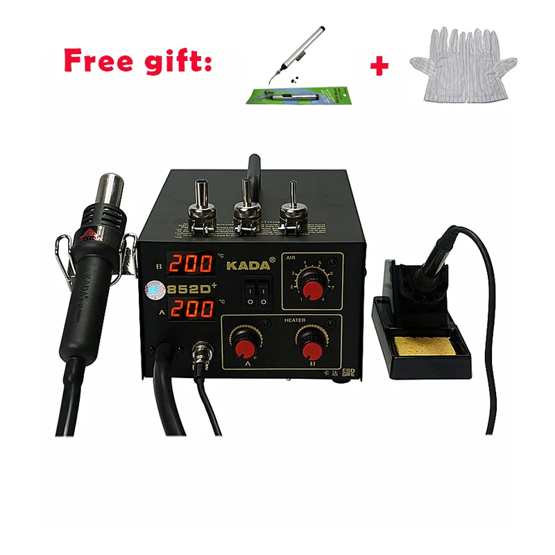 ESD Hot Air Gun and Solder Iron 2 in 1 BGA Soldering Station KADA 852D plus With Free Antistatic Gloves And Vacuum Suction Pen
ESD Hot Air Gun and Solder Iron 2 in 1 BGA Soldering Station KADA 852D plus With Free Antistatic Gloves And Vacuum Suction Pen