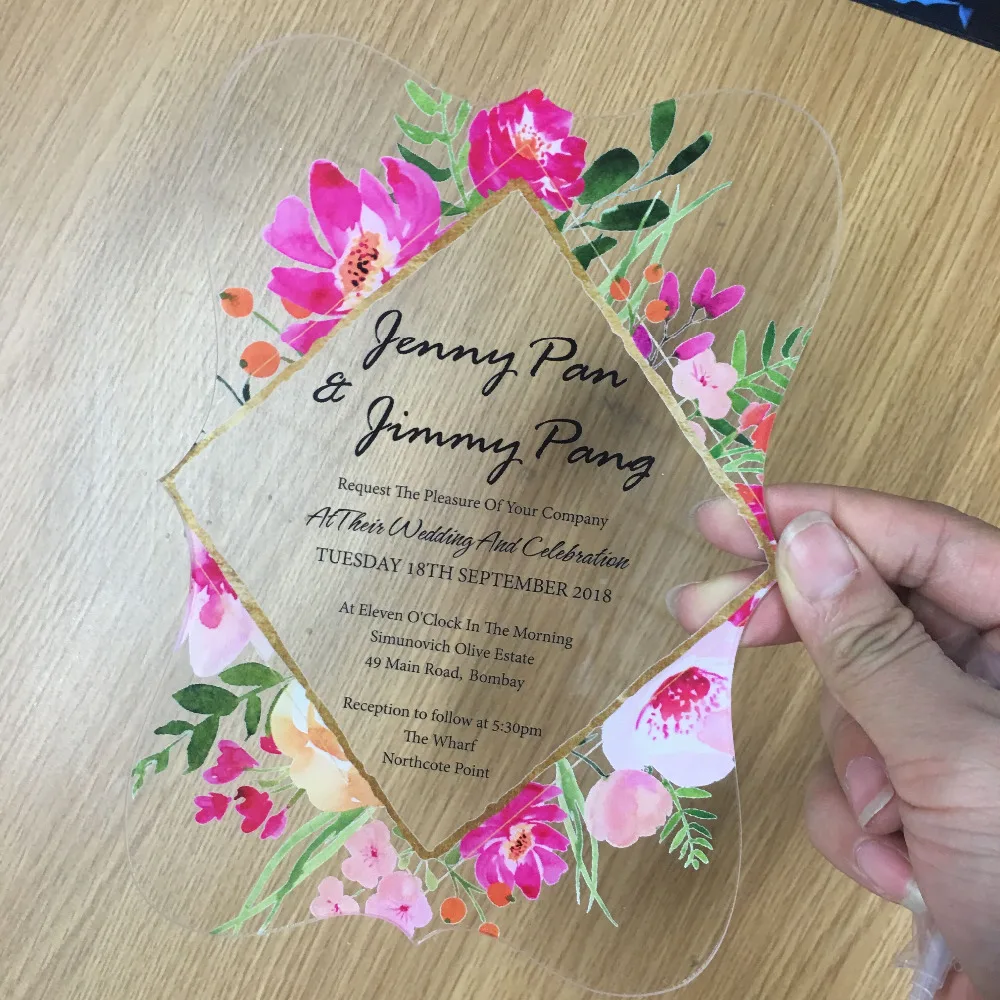 2018 flower printing acrylic wedding invitation card various shape wedding favor engagement cards design
2018 flower printing acrylic wedding invitation card various shape wedding favor engagement cards design